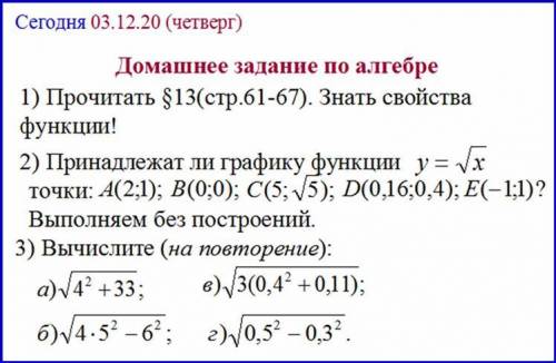 2) Принадлежат ли графику функции y = x точки: A(2:1); В(0;0); С(5; 5); D(0,16;0,4); E(— 1:1)? Выпол