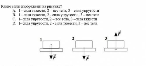 Силы изображены на рисунке? A. 1 - сила тяжести, 2 – вес тела, 3 – сила упругостиB. 1 - сила тяжести