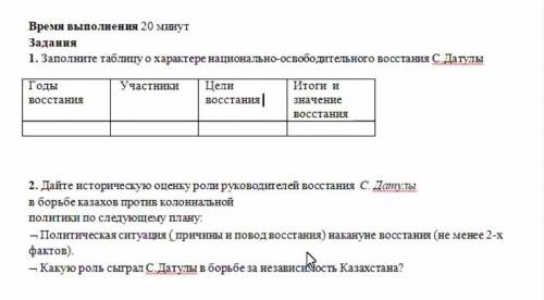 1. Заполните таблицу о характере национально-освободительного восстания С. Датгулы Годы Участники Це