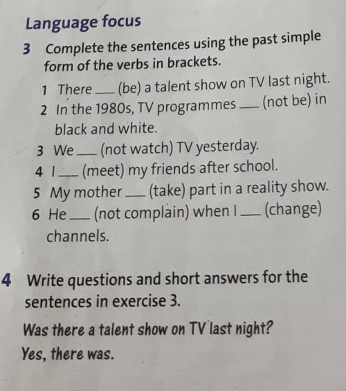 Write questions and short answers for the sentences in exercise 3.Was there a talent show on TV last