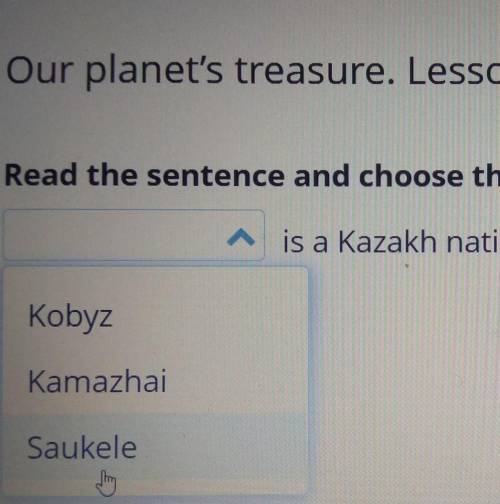 Our planet's treasure. Lesson 2 Read the sentence and choose the correct option. :)Ais a Kazakh nati