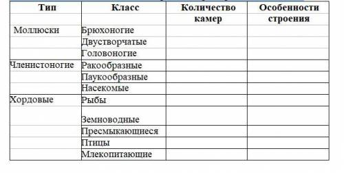 Задание. Заполните особенности строения сердца разных животных