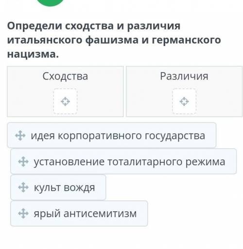 Определи сходства и различия итальянского фашизма и германского нацизма.СходстваРазличия​