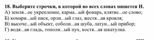 . 18. Выберите строчки, в которой во всех словах пишется Н. А) земля...ое укрепление, карма...ый фон