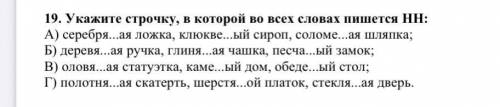 19. Укажите строчку, в которой во всех словах пишется НН: А) серебря...ая ложка, клюкве...ый сироп,