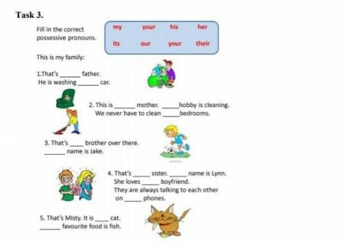 Task 3. myyourhisherFill in the correctpossessive pronouns.itsouryourtheirThis is my family:1.That's