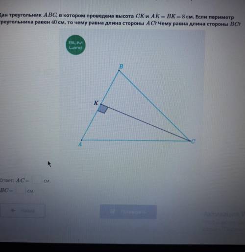 Дан треугольник ABC, в котором проведена высота Ски АКВК 8 см. Если периметр треугольника равен 40 с