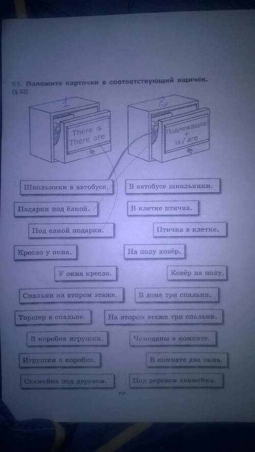 Положите карточки в соответствующий ящик there is,there are и подлежащее is/are школьники в автобусе