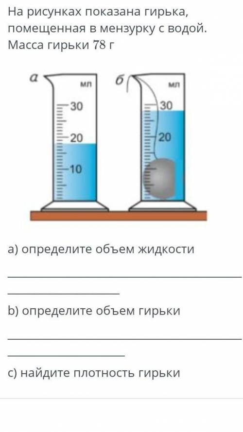 на рисунках показана гирька помещенная в мензурку с водой массой дырки 78г Определи объём жидкости б