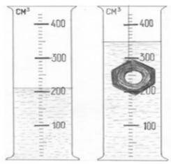 На рисунках показана гайка, помещенная в мензурку с водой. Масса гайки 70 г. Указать формулыобязател