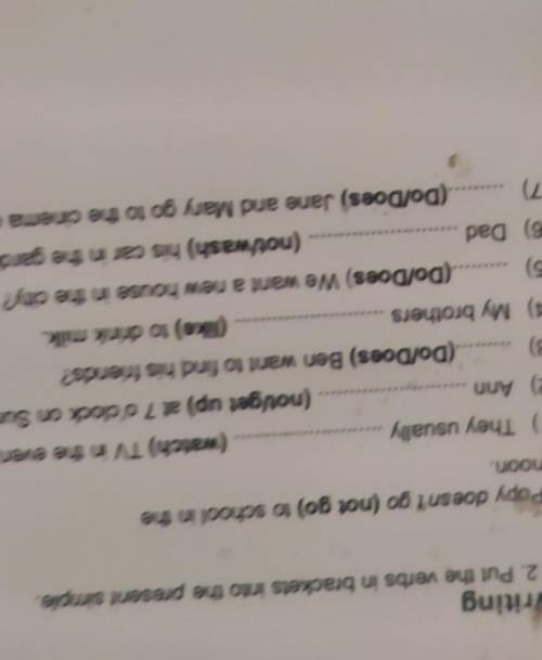 II. Writing Task 2. Put the verbs in brackets into the present simple,..g. Popy doesn't go (not go)