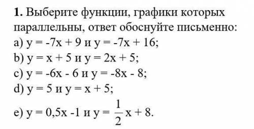 Выберите функции, графики которых параллельны, ответ обоснуйте письменно: a) у = -7х + 9 и у = -7х +