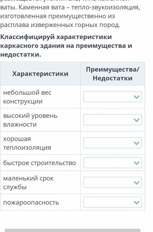 Классифицируйте характеристики каркасного здания на преимущества и недостатки Небольшой вес ​