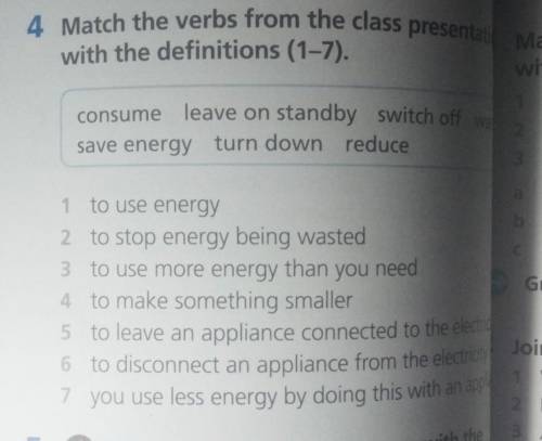 4 Match the verbs from the class presentatie with the definitions (1-7).consume leave on standby swi