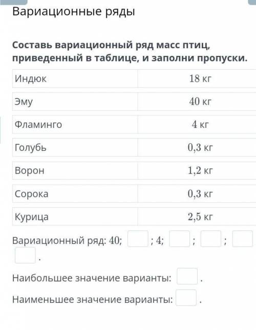 Составь вариационный ряд масс птиц приведенный в таблице и заполни пропуски онлайн мектеп​