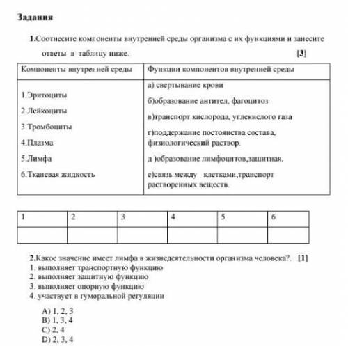 1.Соотнесите компоненты внутренней среды организма с их функциями таблицу ниже задания ​