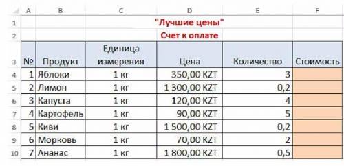 Дана таблица Счет к оплате а)Определите формат ячеек E4:E10 b)Определите формат ячеек F4:F10