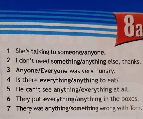 Oa 1 She's talking to someone/anyone.2 I don't need something/anything else, thanks.3 Anyone/Everyon