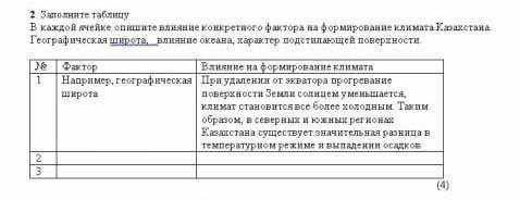 В каждой ячейке опишите влияние конкретного фактора на формирование климата Казахстана. Географическ