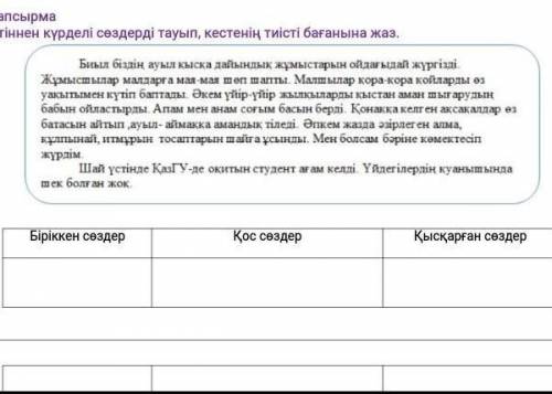 2-тапсырма Мәтіннен күрделі сөздерді тауып, кестенің тиісті бағанына жаз.Биыл біздің ауыл қысқа дайы