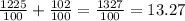 \frac{1225}{100} + \frac{102}{100} = \frac{1327}{100} = 13.27