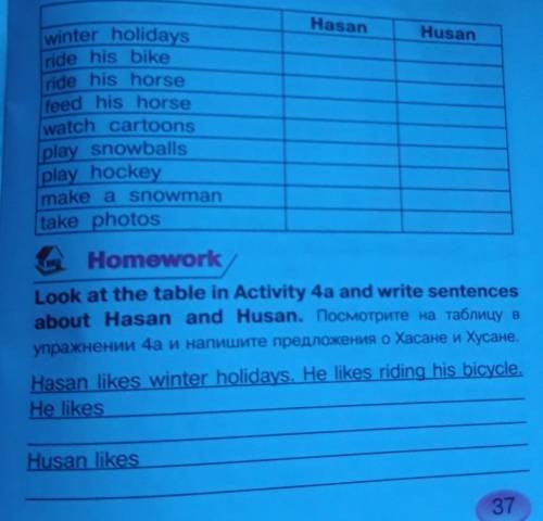 Homework Look at the table in Activity 4a and write sentencesabout Hasan and Husan. Посмотрите на та