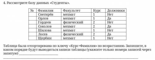 Таблица была отсортирована по ключу «Курс+Фамилия» по возрастанию. Запишите, в каком порядке будут в