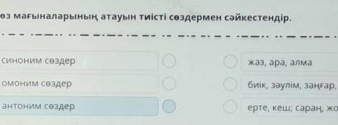 Синоним сөздер жаз,ара,алма Омоним сөздер биік ,зәулім,заңғар,жоғары Антоним сөздер ерте ,кеш,сараң,