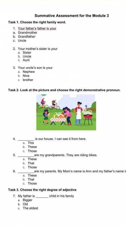 Summative assessment for module 3 1.Choose the right family wordGrandmotherGrandfatherUncle ​