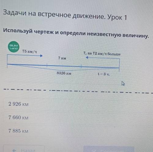 1K орывоввстречноеУрок 13Используй чертеж и определи неизвестную величину.урокаBUMNo75 км/ч2, на 72