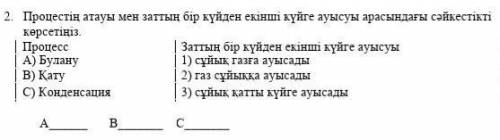 2. Процестің атауы мен заттың бір күйден екінші күйге ауысуы арасындағы сәйкестікті көрсетіңіз.​