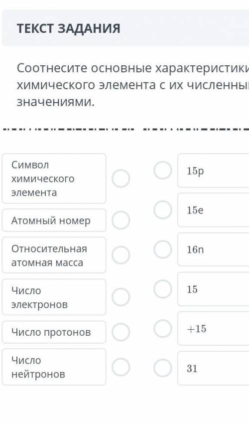 Соотнесите основные характеристики химического элемента с их числиными значениями​