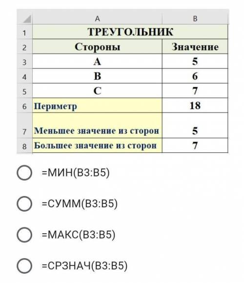 Какая формула находится в ячейке В2? *=МИН(В3:В5)=СУММ(В3:В5)=МАКС(В3:В5)=СРЗНАЧ(В3:В5)​