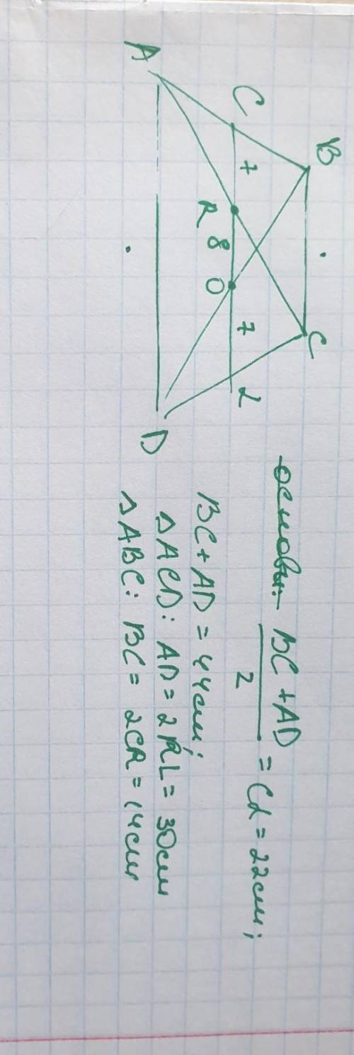 Діагоналі ділять середню лінію трапеції на три частини довжини яких 7см 8см 7см знайдіть основи трап