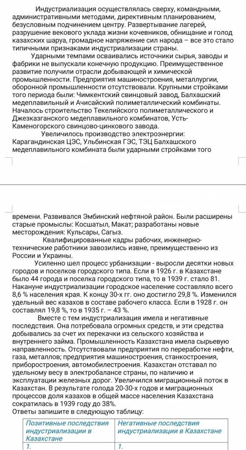 Позитивные последствия индустриализации в Казахстане 1)2)негативные последствия индустриализации в К