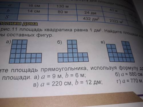 Вот картинка На рис 11 площадь квадрата равна 1 дм. Найдите площадь прямоугольника и периметры соста