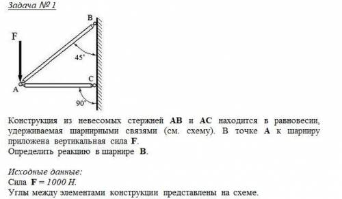 Конструкция из невесомых стержней АВ и АС находится в равновесии, удерживаемая шарнирными связями (с