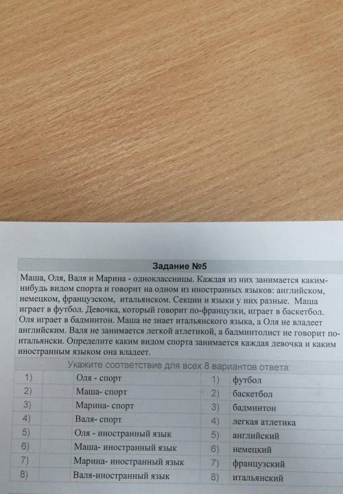 Задание No5 Маша, Оля, Валя и Марина - одноклассницы. Каждая из них занимается каким-нибудь видом сп