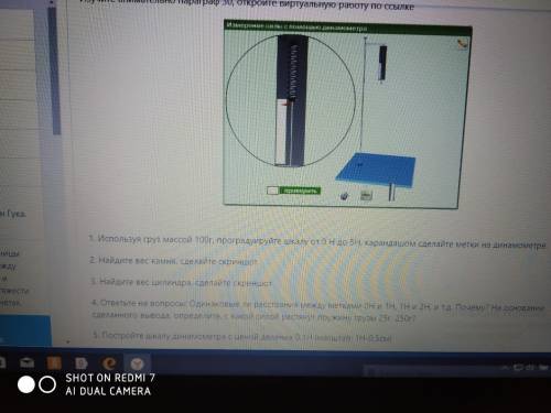 1. Используя груз массой 100г, проградуируйте шкалу от 0 Н до 5Н, карандашом сделайте метки на динам