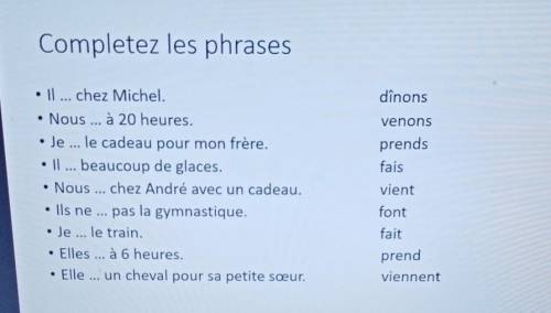 Completez les phrases dînonsvenonsprendsfais• Il ... chez Michel.• Nous ... à 20 heures.• Je ... le