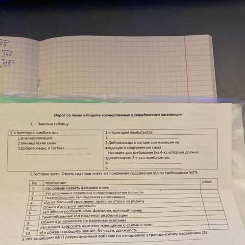 Опрос по теме «Защита военнопленных и гражданского населения» 2. Заполни таблицу: 1-я Категория комб