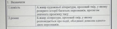 1. Визначити 1.ПовістьА.жанр художньої літератури, прозовий твір, у якомурозкрито історії багатьох п