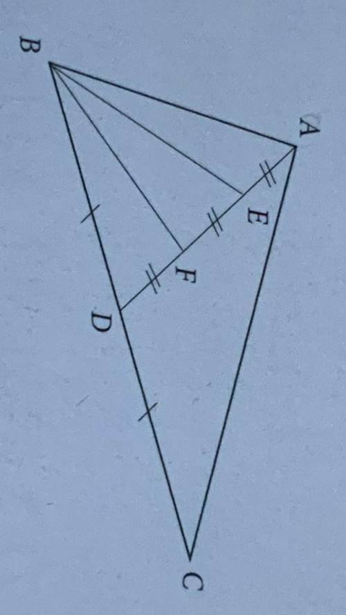 На картинке нарисован треугольник, S(BAE) = 8cm2. Найдите BEF, BFA и ABC площадь​