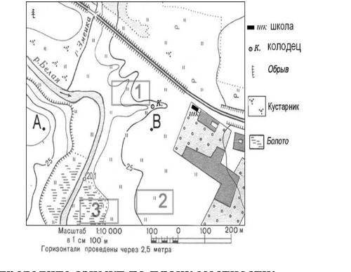 Определите азимут по плану местности: А) от школы до колодца Б) от мест впадения реки Змейка в реку