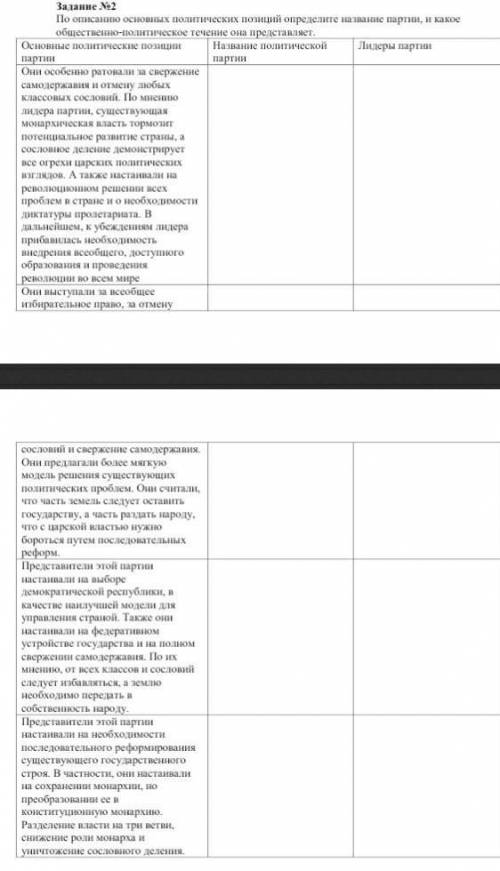 Задание N°2. По описанию основных политических позиций определите название партии, и какое обществен