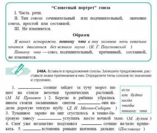 248А. Вставьте в предложение союзы. Запишите предложения, расставьте знаки препинания в них. Определ