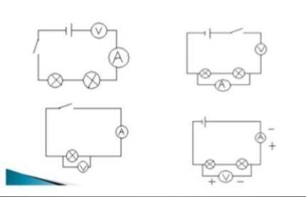 Найдите ошибки в подключении Амперметра и Вольтметра: (Первый рисунок сверху слева, второй сверху сп