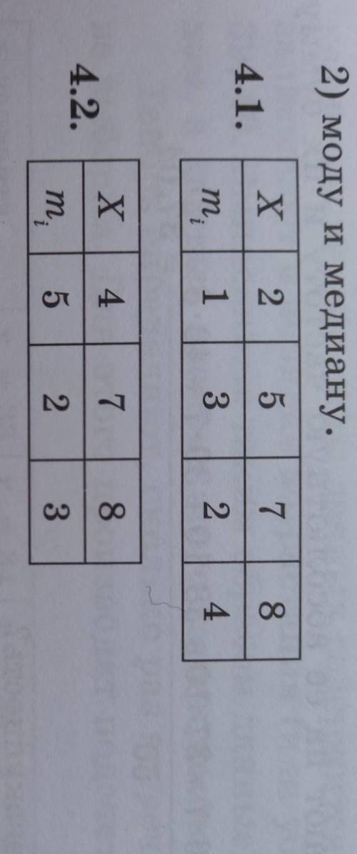 2) моду и медиану 4.1 X 2 5 7 8mi 1 3 2 4 4.2 X 4 7 8mi 5 2 3 ​