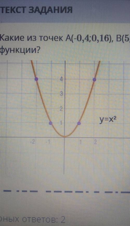 Какие из точек A(-0,4;0,16), B(5;2,5), С(2,1;4,41), Д-1,3; -1,69),Е(3,7; 13,69), К(0,1;0,001) лежат