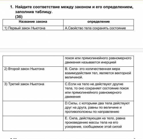 найдите соответствие между законом и его определение , заполните таблицу : 1) закон Ньютона 2 ) втор